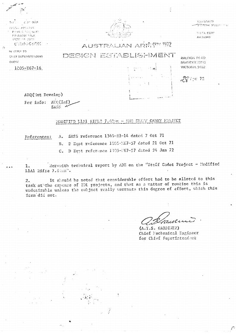 Covering letter by Mr A.T.S Gardiner, Chief Mechanical Engineer, Army Design Establishment, on 28 Apr 72 to Report by LtCol Mike Chivers (British Army Retd) on value of RMC No2 Working Mockup