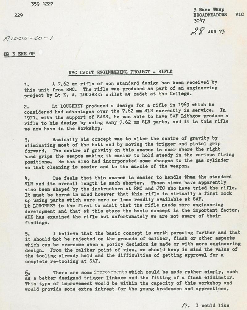 Letter - LtCol J.E. Faulks to 3EME Gp seeking permission to further develop the RMC No2 Rifle, dated 28 June 1973 - Page 1