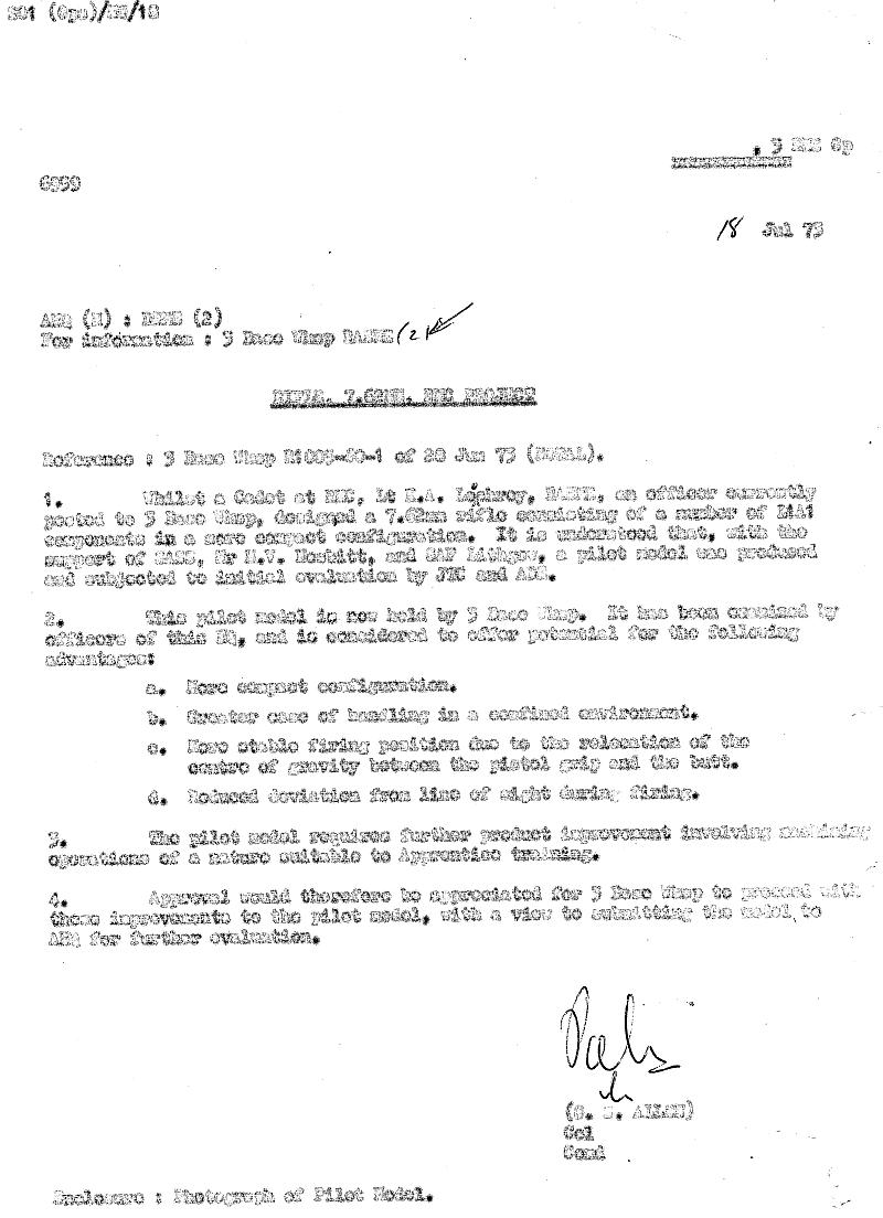 Letter Colonel G.S. Allen, Commander 3rd EME
             Group seeking permission from AHQ to perform further development work on RMC No2 Rifle, dated -18 July 1973