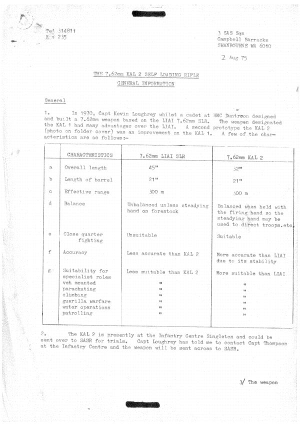 Submission by Capt P.A. Cullinen, K Troop Commander, SASR recommending assessment of the Loughrey rifles, 2 Aug 1975-P1