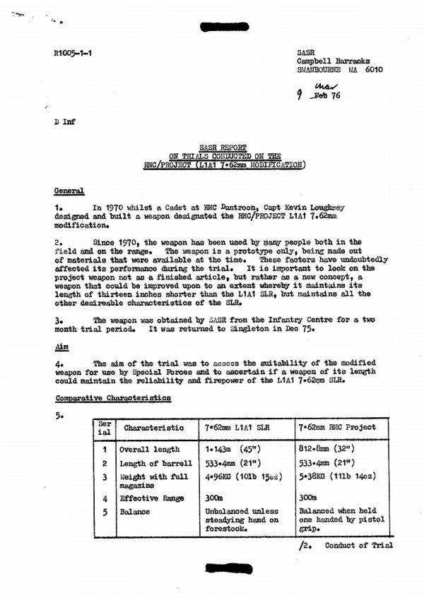 Report on Assessment of Loughrey Rifles by SASR dated 9 Mar 1976 - P1